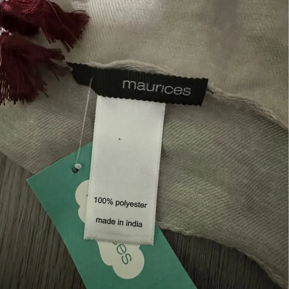 Maurices Gray, White & Burgundy‎ Floral Paisley Tassel Lightweight Scarf NEW